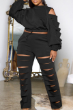 Brown Casual Solid Ripped Hollowed Out O Neck Plus Size Two Pieces