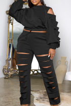 Black Casual Solid Ripped Hollowed Out O Neck Plus Size Two Pieces