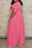 Pink Fashion Casual Plus Size Letter Print Patchwork V Neck Short Sleeve Dress