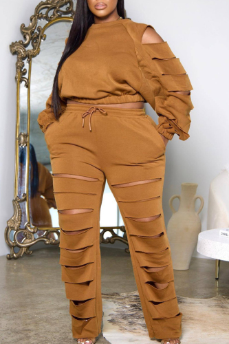Brown Casual Solid Ripped Hollowed Out O Neck Plus Size Two Pieces