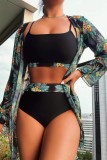Ink Green Sexy Print Patchwork Swimsuit Three Piece Set (With Paddings)