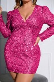 Rose Red Sexy Casual Patchwork Sequins V Neck Long Sleeve Plus Size Dresses