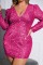 Pink Sexy Casual Patchwork Sequins V Neck Long Sleeve Plus Size Dresses