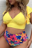 Yellow Casual Print Solid Patchwork V Neck Plus Size Swimwear (With Paddings)