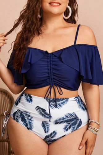 Tibetan Blue Sexy Print Draw String Frenulum Backless Off the Shoulder Plus Size Swimwear