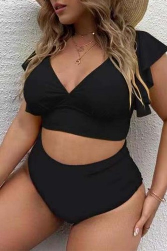 Black Casual Print Solid Patchwork V Neck Plus Size Swimwear (With Paddings)