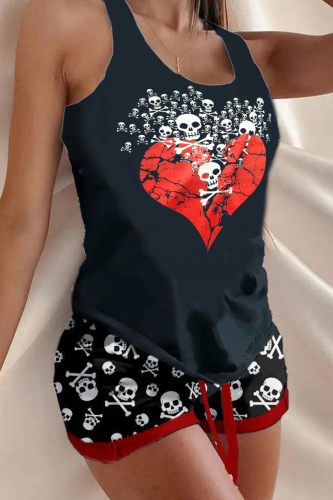 Blue Black Halloween Skull Hand Print Sleeveless U Neck Vest and Baggy Shorts 2 Piece Outfits