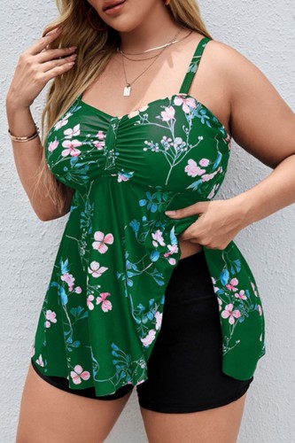 Green Sexy Casual Print Backless Spaghetti Strap Plus Size Swimwear (With Paddings)