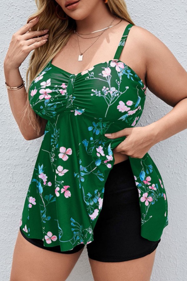 Green Sexy Casual Print Backless Spaghetti Strap Plus Size Swimwear (With Paddings)