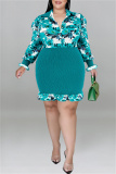 Green Fashion Casual Print Patchwork Turndown Collar Long Sleeve Dresses