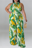 Green Yellow Fashion Casual Print Patchwork O Neck Plus Size Jumpsuits