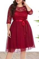 Burgundy Casual Solid Patchwork O Neck A Line Plus Size Dresses