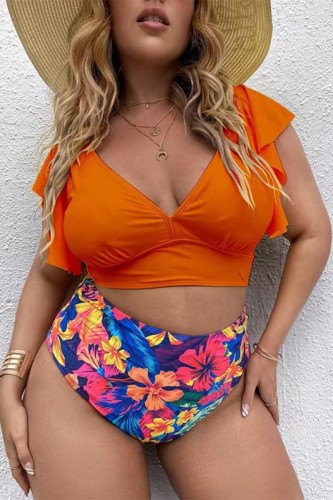 Orange Casual Print Solid Patchwork V Neck Plus Size Swimwear (With Paddings)