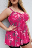 Rose Red Sexy Casual Print Backless Spaghetti Strap Plus Size Swimwear (With Paddings)