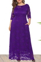 Dark Purple Casual Solid Patchwork See-through O Neck Long Dress Plus Size Dresses