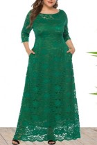 Green Casual Solid Patchwork See-through O Neck Long Dress Plus Size Dresses