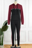 Burgundy Casual Patchwork Contrast Hooded Collar Long Sleeve Two Pieces