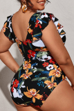 Black Sexy Print Patchwork Backless V Neck Plus Size Swimwear (With Paddings)