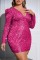Pink Sexy Casual Patchwork Sequins V Neck Long Sleeve Plus Size Dresses