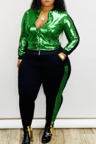Green Casual Patchwork Sequins Zipper Collar Plus Size Two Pieces