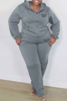 Grey Casual Print Letter Hooded Collar Plus Size Two Pieces
