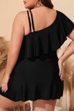 Black Sexy Solid Patchwork Backless One Shoulder Plus Size Swimwear (With Paddings)