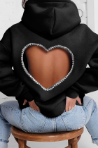 Black Casual Solid Hot Drilling Backless Hooded Collar Tops