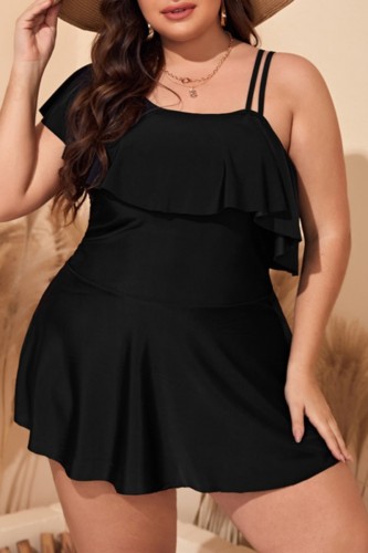 Black Sexy Solid Patchwork Backless One Shoulder Plus Size Swimwear (With Paddings)