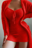 Rose Red Sexy Casual Solid Basic V Neck Long Sleeve Two Pieces