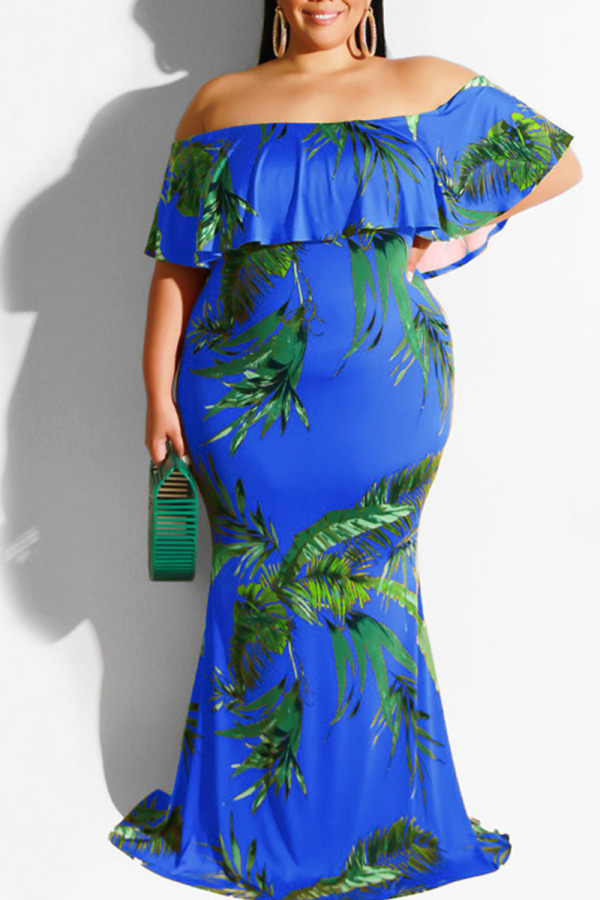 Colorful Blue Sexy Print Patchwork Flounce Off the Shoulder One Step Skirt Plus Size Dresses