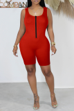 Red Sexy Solid Patchwork Square Collar Skinny Rompers