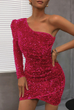 Rose Red Elegant Solid Solid Color Oblique Collar A Line Dresses