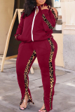 Burgundy Casual Print Leopard Hollowed Out Patchwork Zipper Collar Plus Size Two Pieces