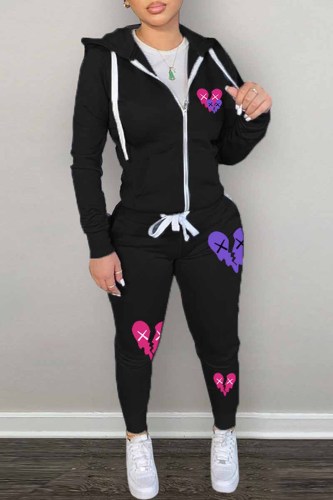 Colour Casual Print Patchwork Hooded Collar Long Sleeve Two Pieces