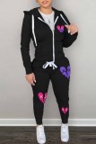 Black Casual Print Patchwork Hooded Collar Long Sleeve Two Pieces