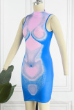 Blue Sexy Print Basic Turtleneck Sleeveless Dress Dresses