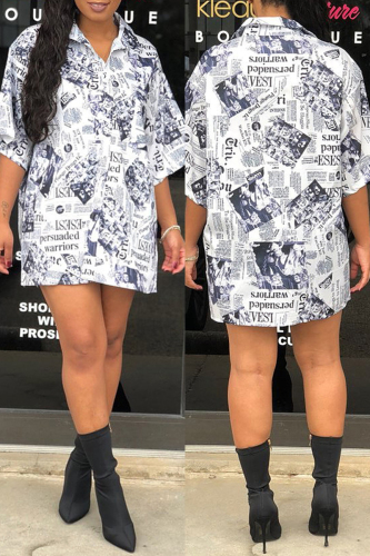 White Casual Print Patchwork Shirt Collar Tops