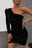 Black Elegant Solid Solid Color Oblique Collar A Line Dresses