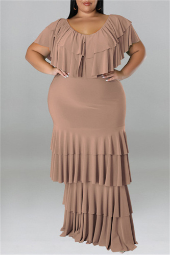 Apricot Fashion Casual Plus Size Solid Patchwork O Neck Short Sleeve Dress