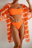 Tangerine Red Sexy Print Cardigan Swimsuit Three Piece Set (With Paddings)