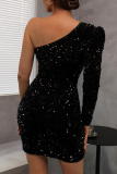 Black Elegant Solid Solid Color Oblique Collar A Line Dresses