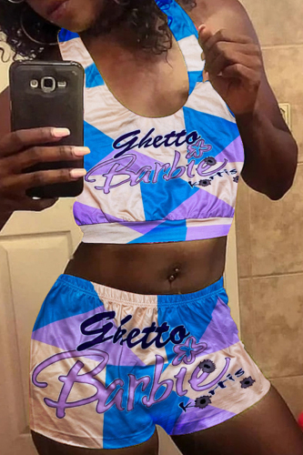 Blue Purple Casual Print Basic U Neck Sleeveless Two Pieces