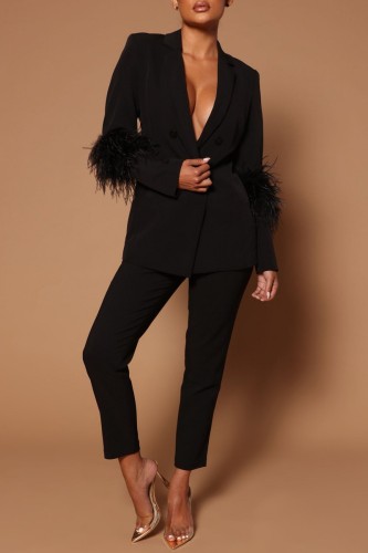 Black Casual Print Patchwork Feathers Turn-back Collar Long Sleeve Two Pieces