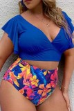 Orange Casual Print Solid Patchwork V Neck Plus Size Swimwear (With Paddings)