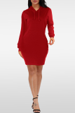 Burgundy Casual Solid Patchwork Hooded Collar Pencil Skirt Dresses