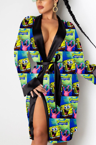 blue and yellow Sexy Print Frenulum Dresses