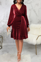 Burgundy Casual Solid Bandage V Neck Waist Skirt Dresses