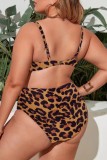 Brown Sexy Print Leopard Backless Spaghetti Strap Plus Size Swimwear (With Paddings)