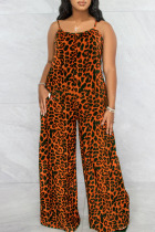Tangerine Red Sexy Print Leopard Patchwork Spaghetti Strap Plus Size Jumpsuits
