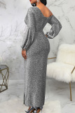 Silver Sexy Solid Patchwork Slit Oblique Collar Dresses